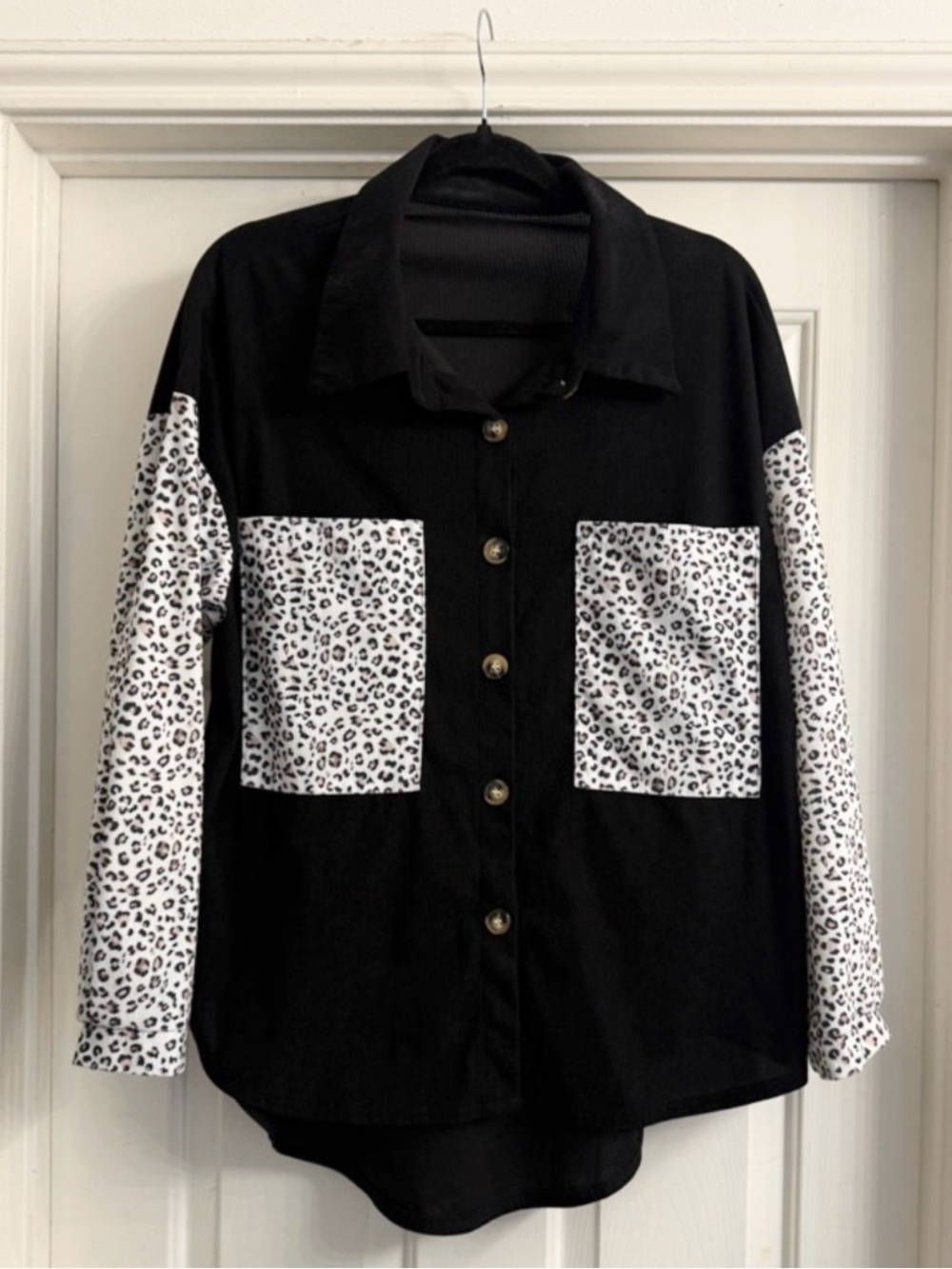 SHEIN Curve Black Button-Down Shirt with White Leopard Print Panels